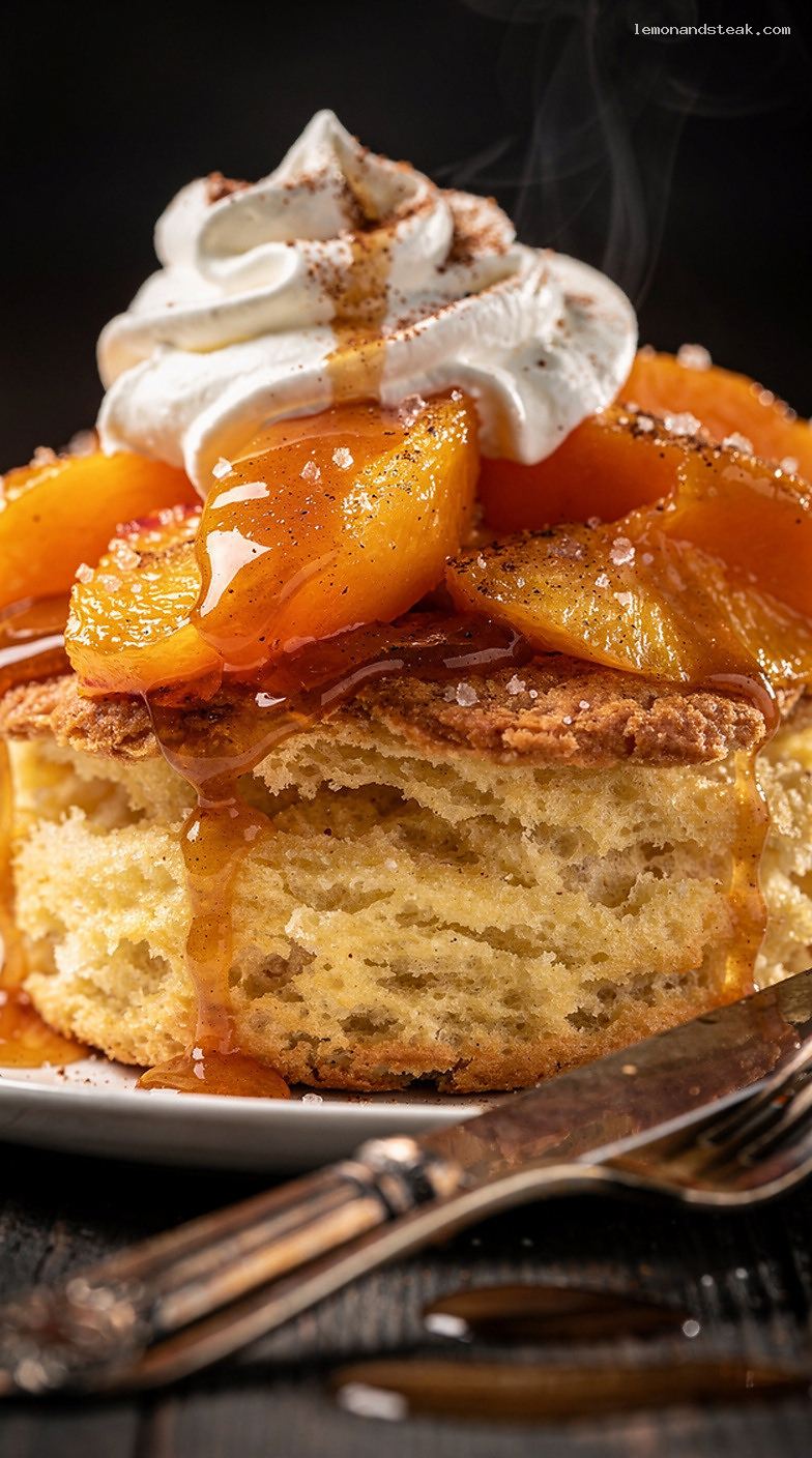 Peach Shortcake With Cinnamon Peaches and Vanilla Whipped Cream – Closeup