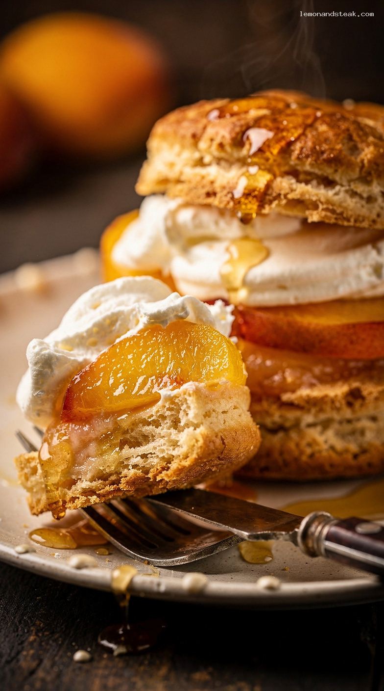 Peach Shortcake with Honey Butter Biscuits and Whipped Cream – Closeup