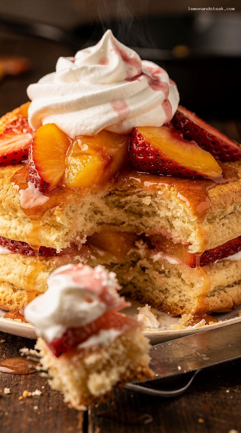 Peach Strawberry Shortcake with Flaky Biscuits and Vanilla Whipped Cream – Closeup