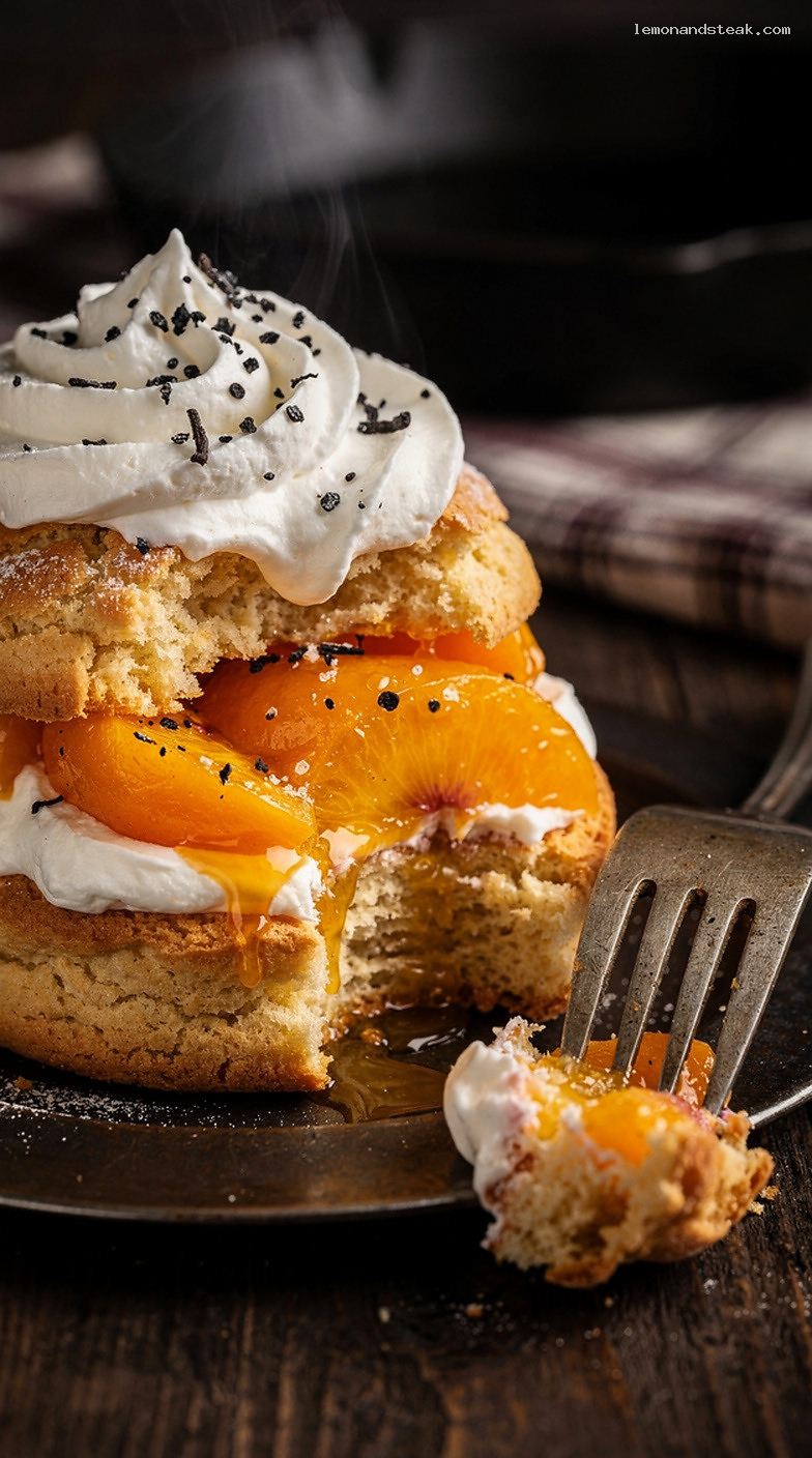 Peach Vanilla Bean Shortcake with Buttery Biscuits and Whipped Cream – Closeup