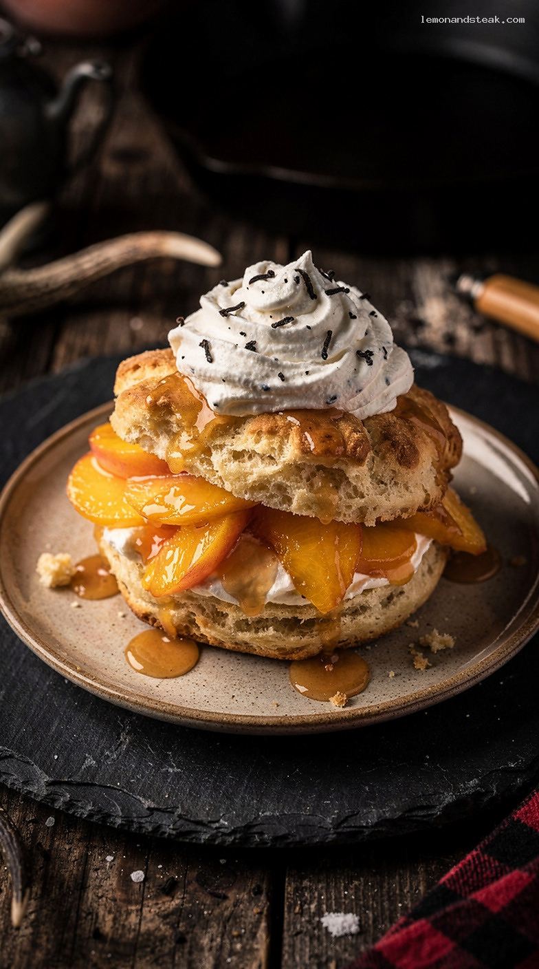 Peach Vanilla Bean Shortcake with Buttery Biscuits and Whipped Cream