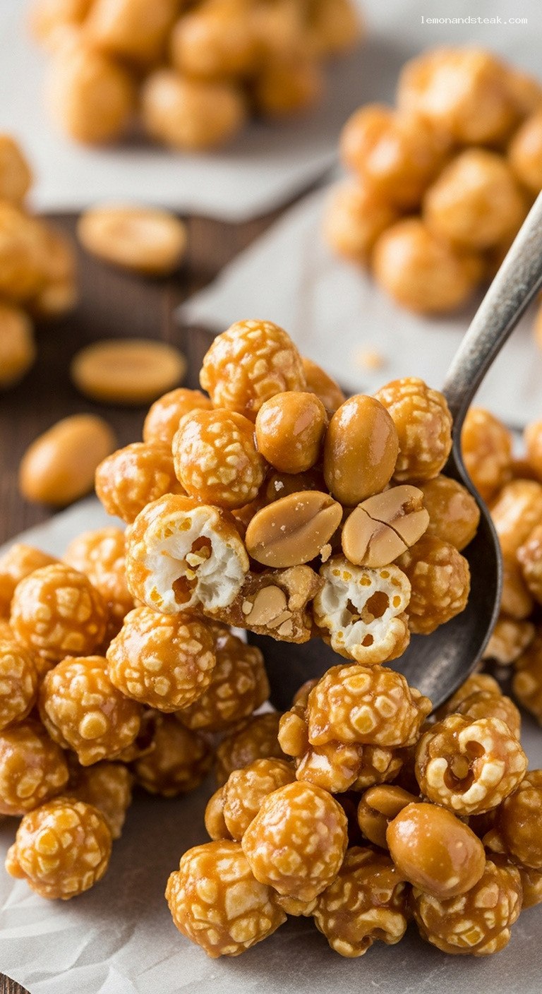 Peanut Brittle Popcorn Mix With Buttery Caramel Peanuts – Closeup
