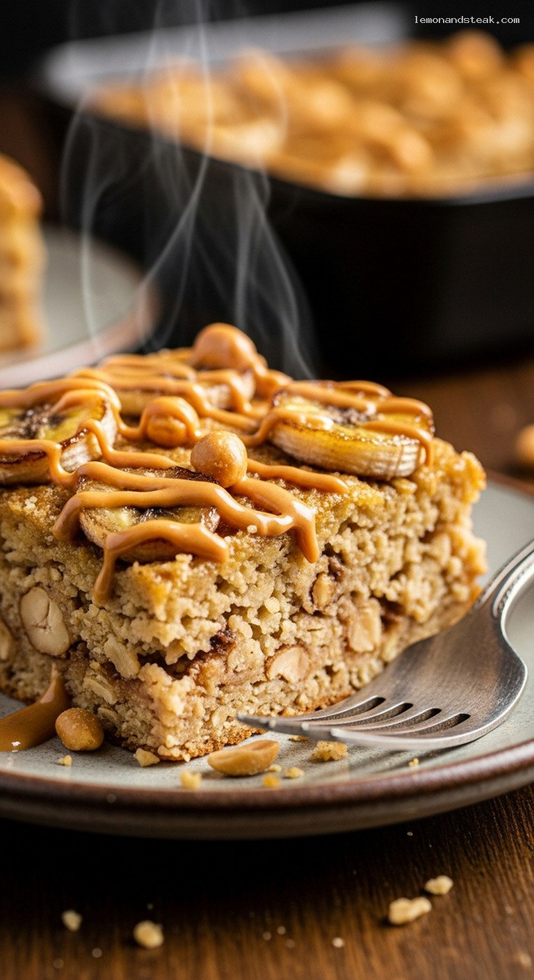 Peanut Butter Banana Baked Oatmeal Casserole – Closeup