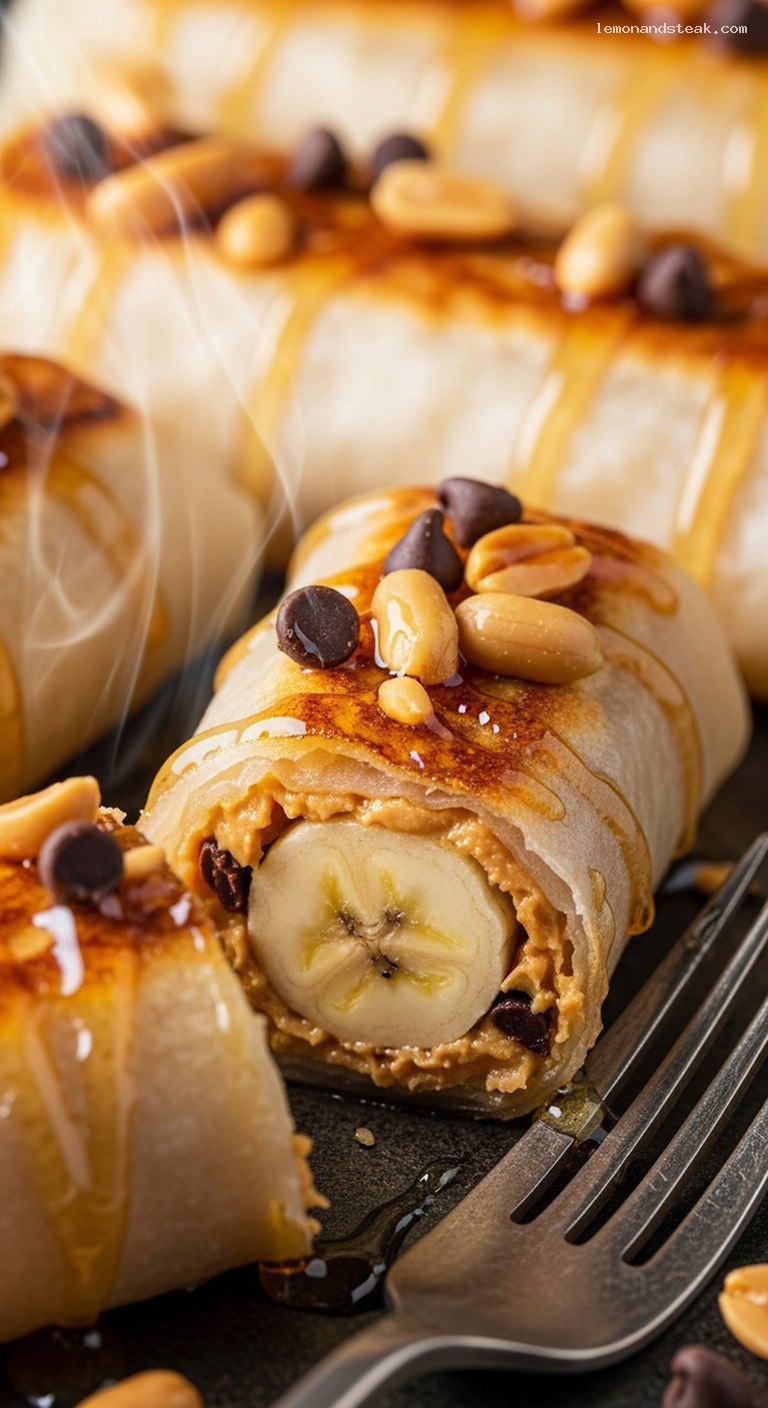 Peanut Butter Banana Spring Rolls With Honey Drizzle – Closeup