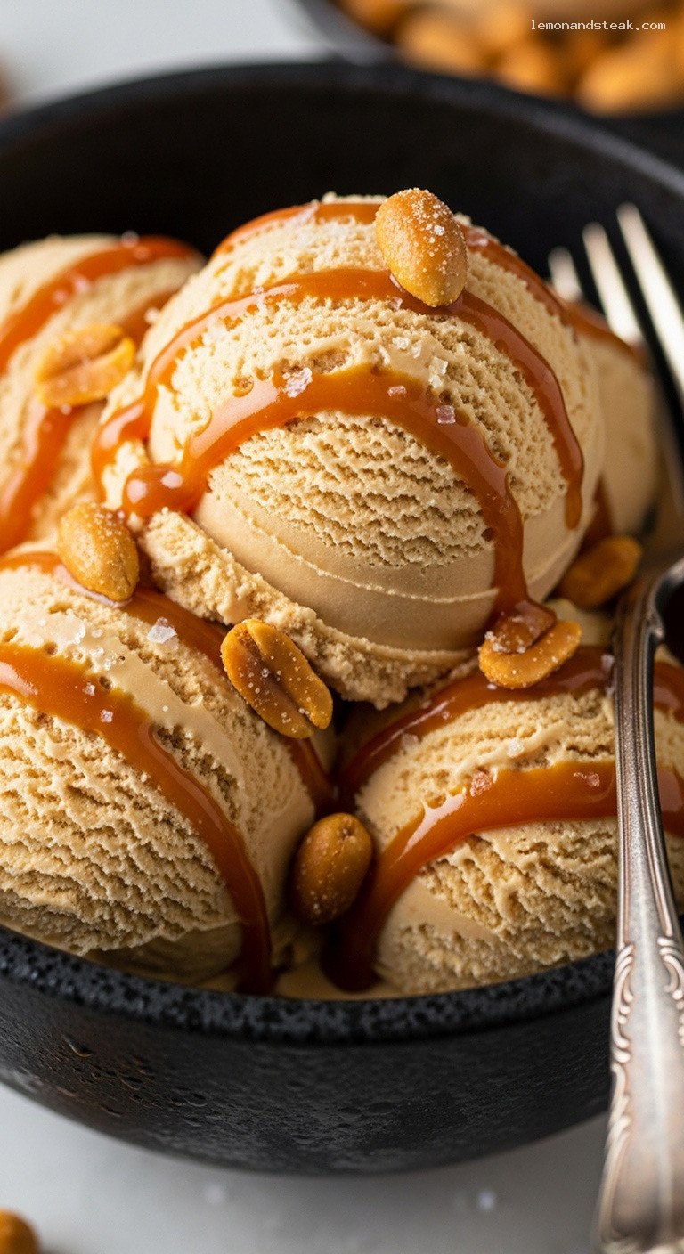Peanut Butter Caramel Swirl Ice Cream with Roasted Peanuts – Closeup