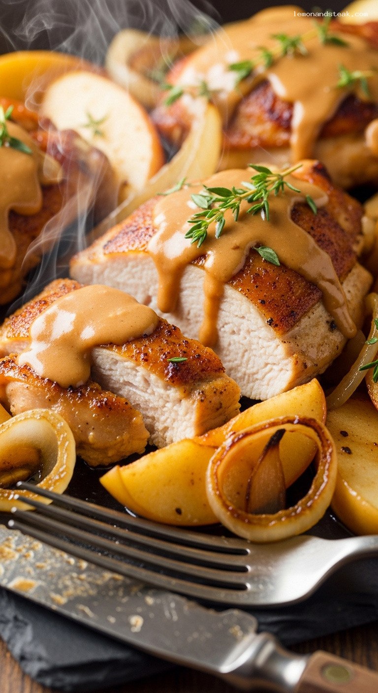 Peanut Butter Chicken Skillet with Caramelized Apples and Thyme – Closeup