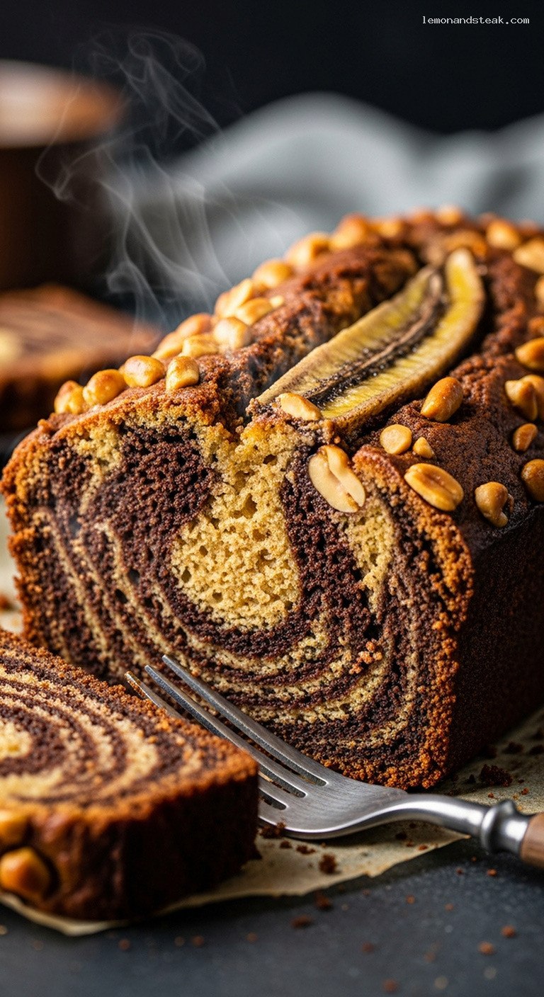 Peanut Butter Chocolate Marble Banana Loaf with Roasted Peanuts – Closeup