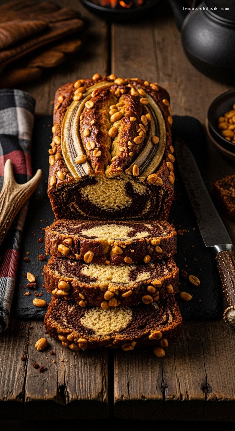 Peanut Butter Chocolate Marble Banana Loaf with Roasted Peanuts