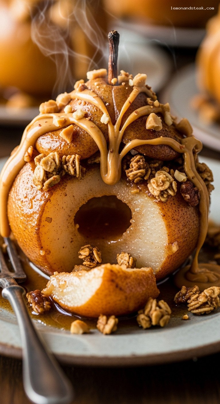 Peanut Butter Cinnamon Baked Pears with Granola – Closeup