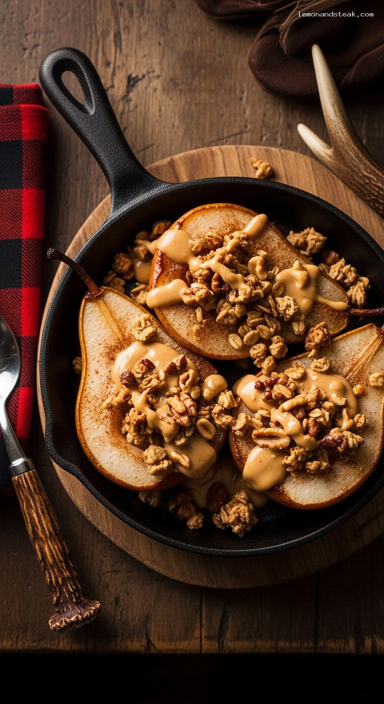 Peanut Butter Cinnamon Baked Pears with Granola