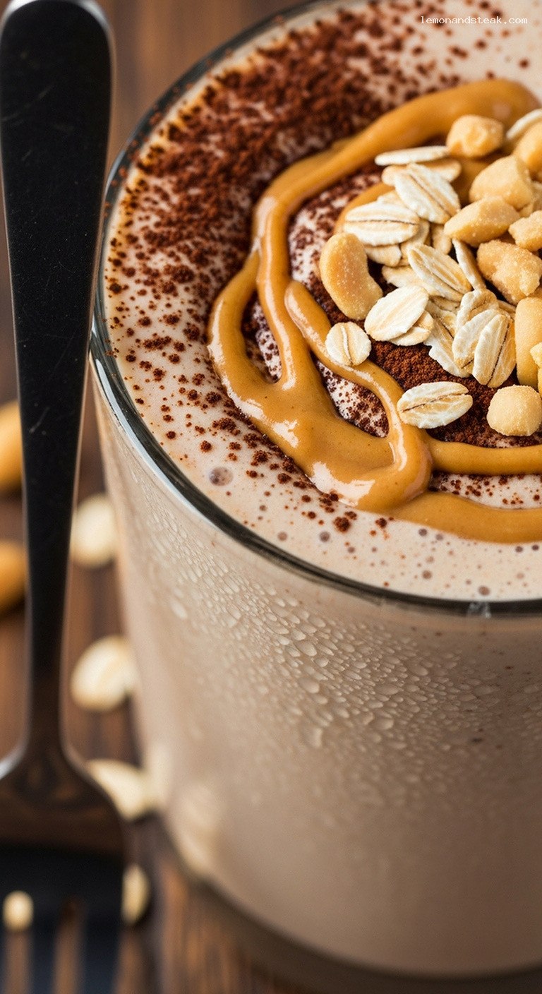 Peanut Butter Espresso Breakfast Shake with Oats and Banana – Closeup