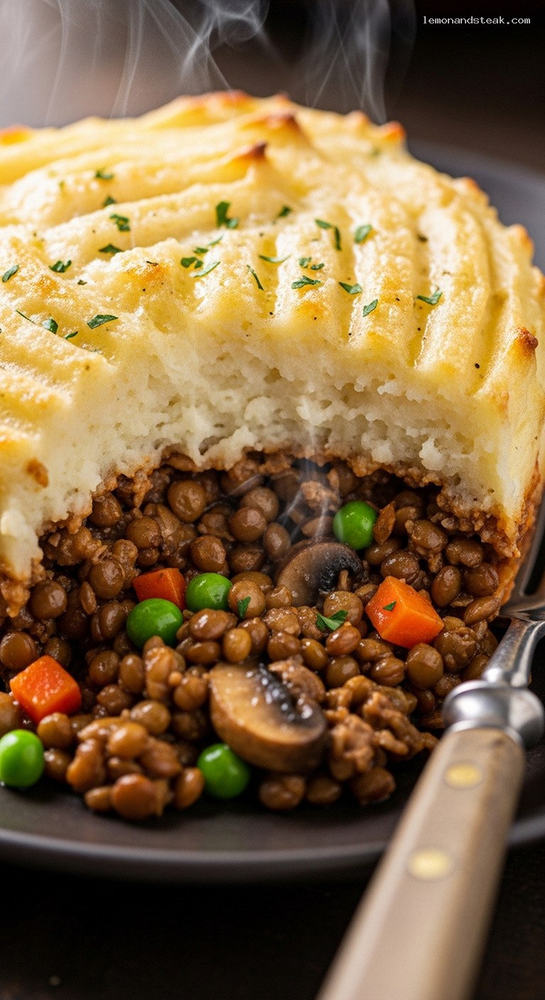 Peanut Butter Lentil Shepherd’s Pie With Creamy Mash – Closeup