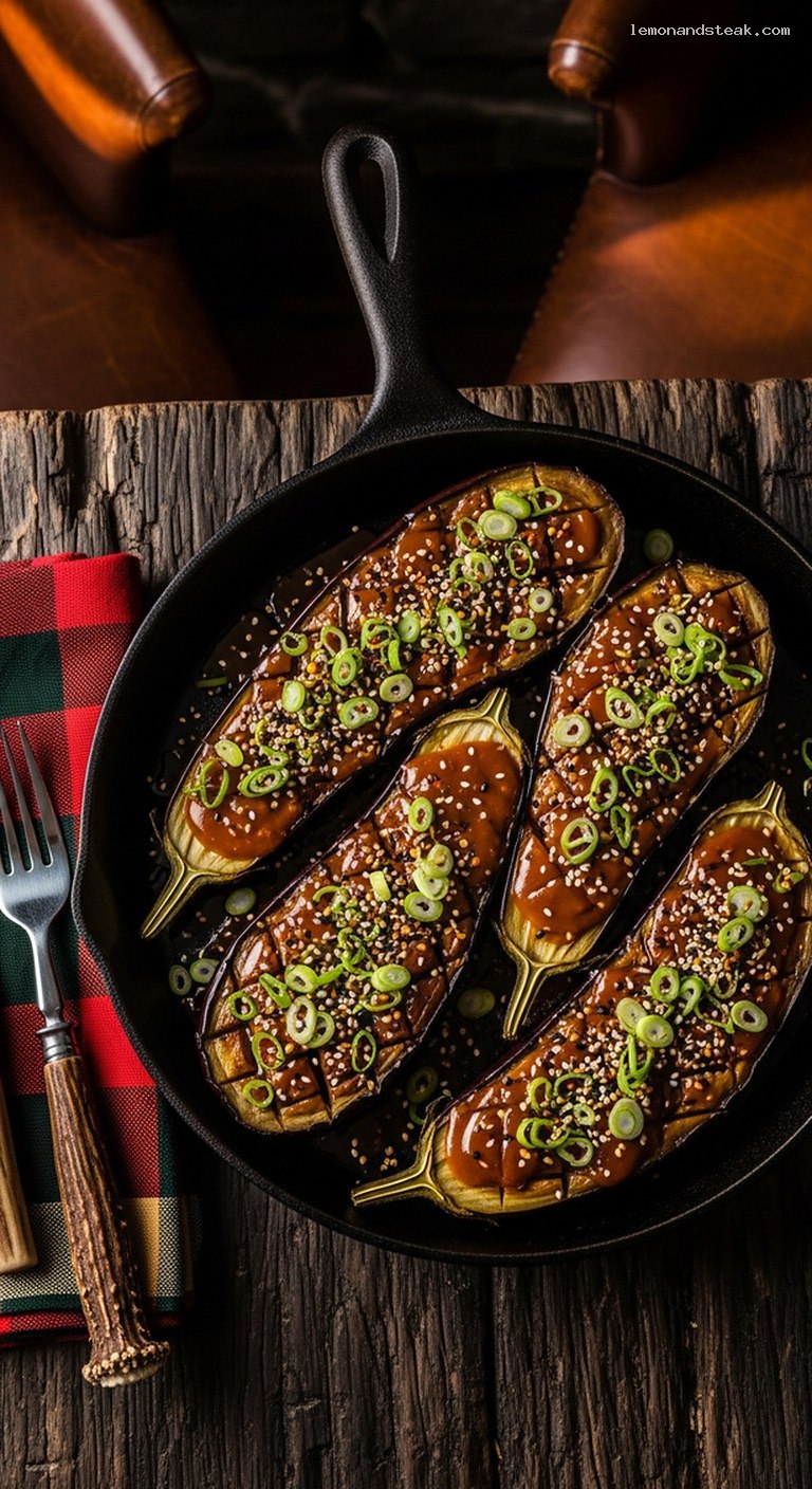 Peanut Butter Miso Roasted Eggplant Boats with Scallions and Sesame Seeds