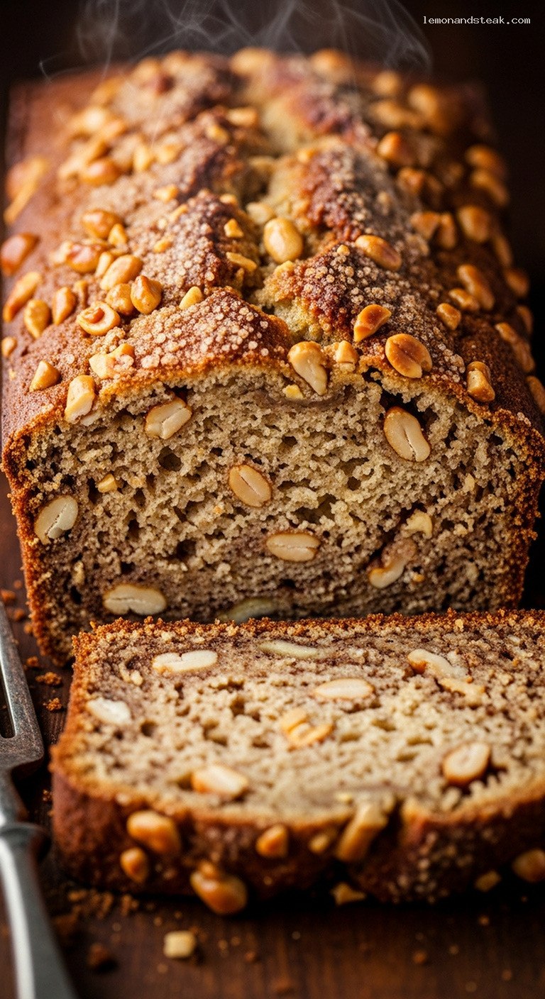 Peanut Butter Spiced Banana Bread with Crunchy Peanuts – Closeup