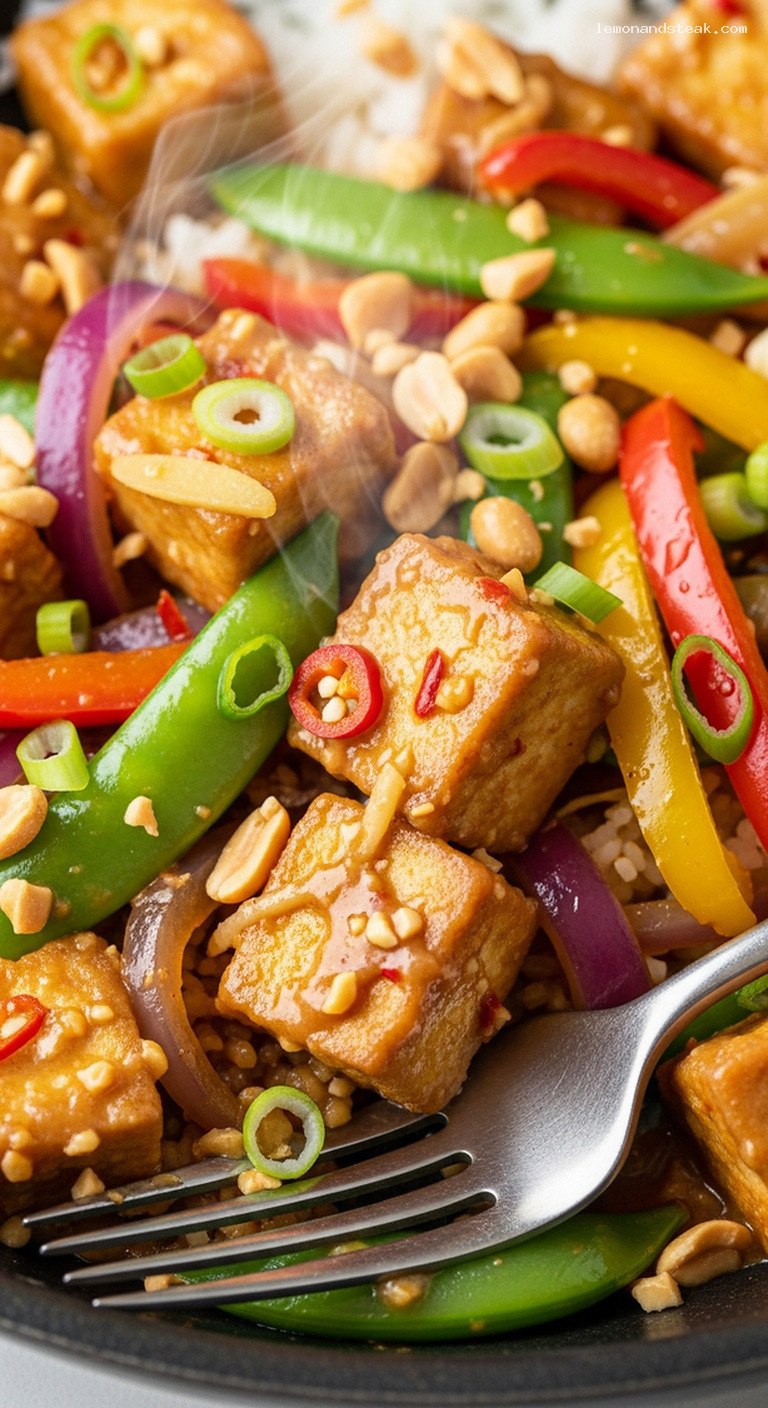 Peanut Butter Tamarind Tofu Stir-Fry With Peppers – Closeup