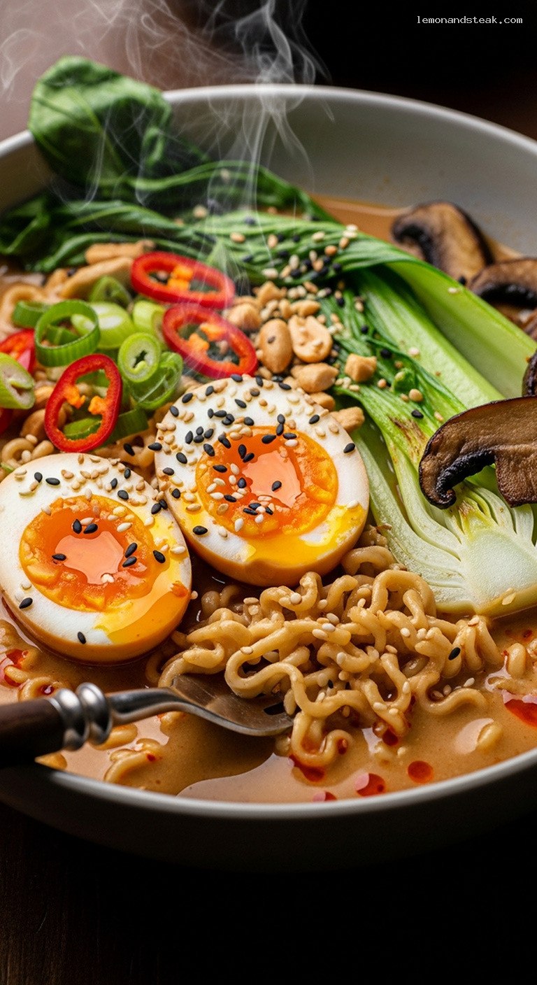Peanut Chili Ramen With Soft-Boiled Eggs and Bok Choy – Closeup
