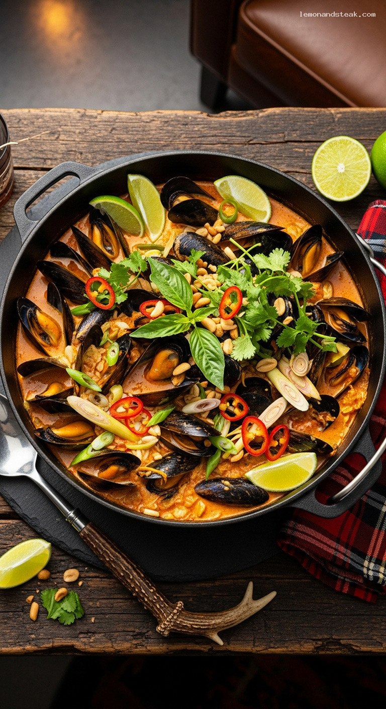 Peanut Coconut Red Curry Mussels With Lemongrass and Lime