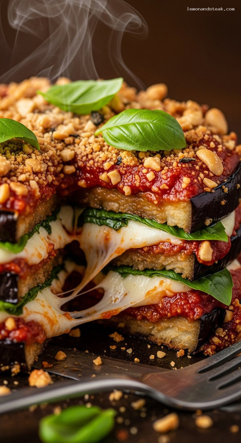 Peanut-Crusted Baked Eggplant Stacks With Mozzarella and Basil – Closeup