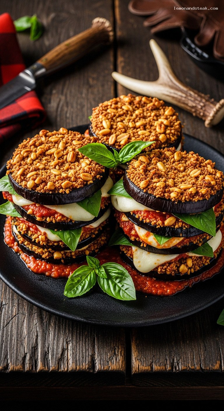 Peanut-Crusted Baked Eggplant Stacks With Mozzarella and Basil
