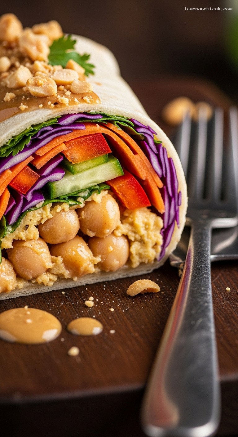 Peanut-Ginger Chickpea Salad Wraps with Crunchy Veggies – Closeup