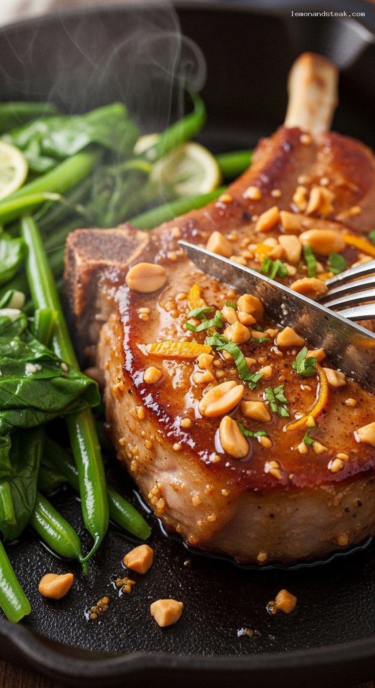 Peanut-Ginger Glazed Pork Chops with Citrus and Greens – Closeup