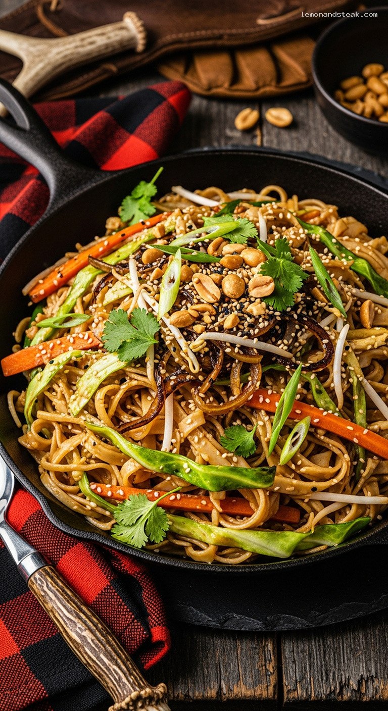 Peanut Ginger Rice Noodles with Cabbage and Bean Sprouts