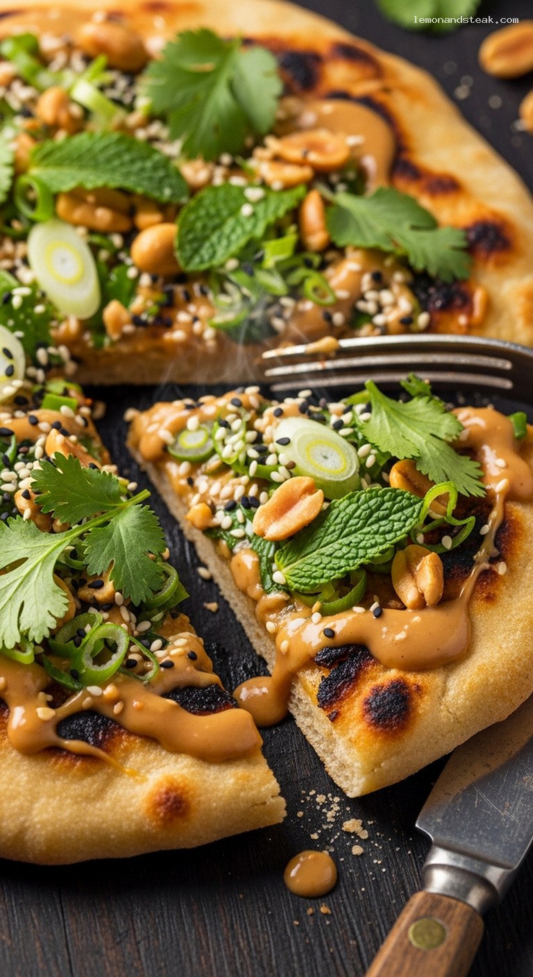 Peanut-Scallion Flatbread with Herbs, Sesame, and Spiced Peanut Drizzle – Closeup