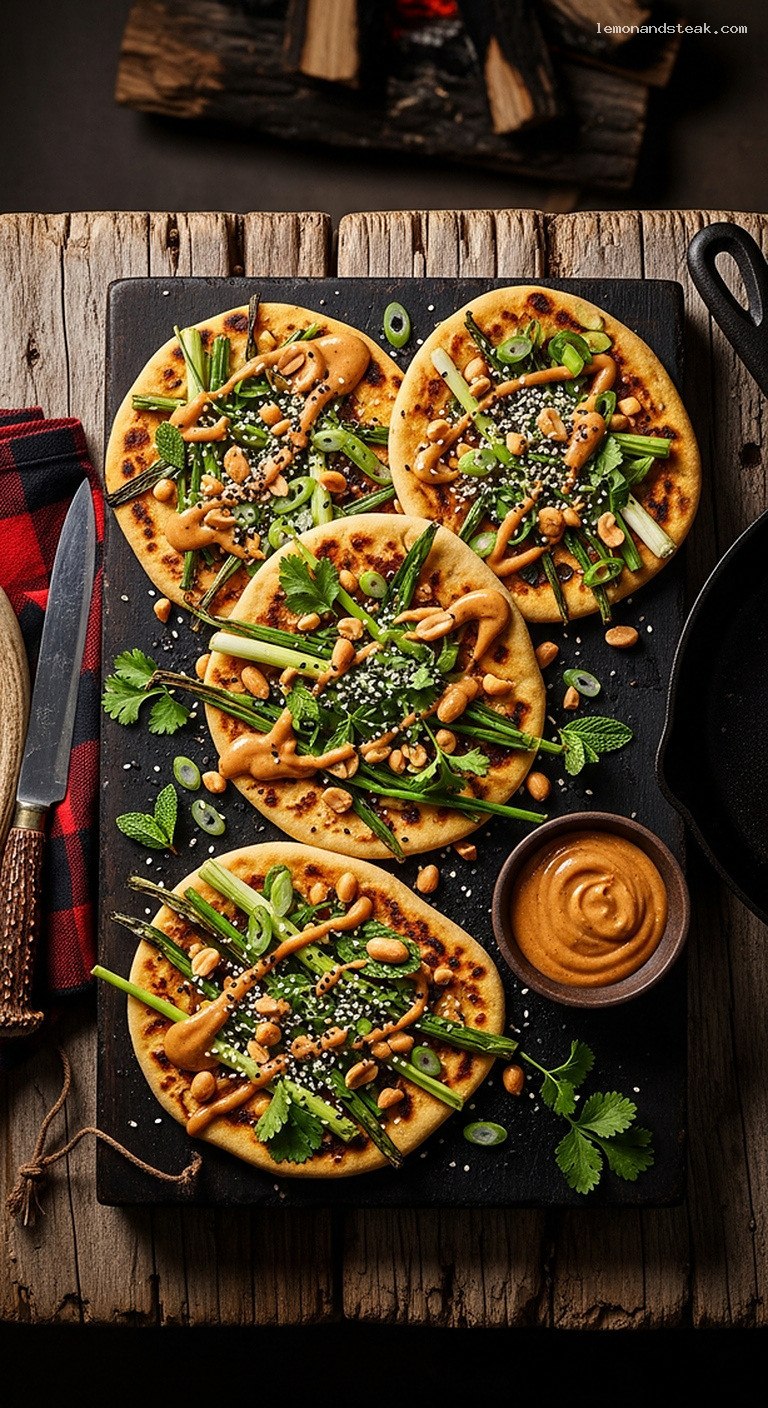 Peanut-Scallion Flatbread with Herbs, Sesame, and Spiced Peanut Drizzle