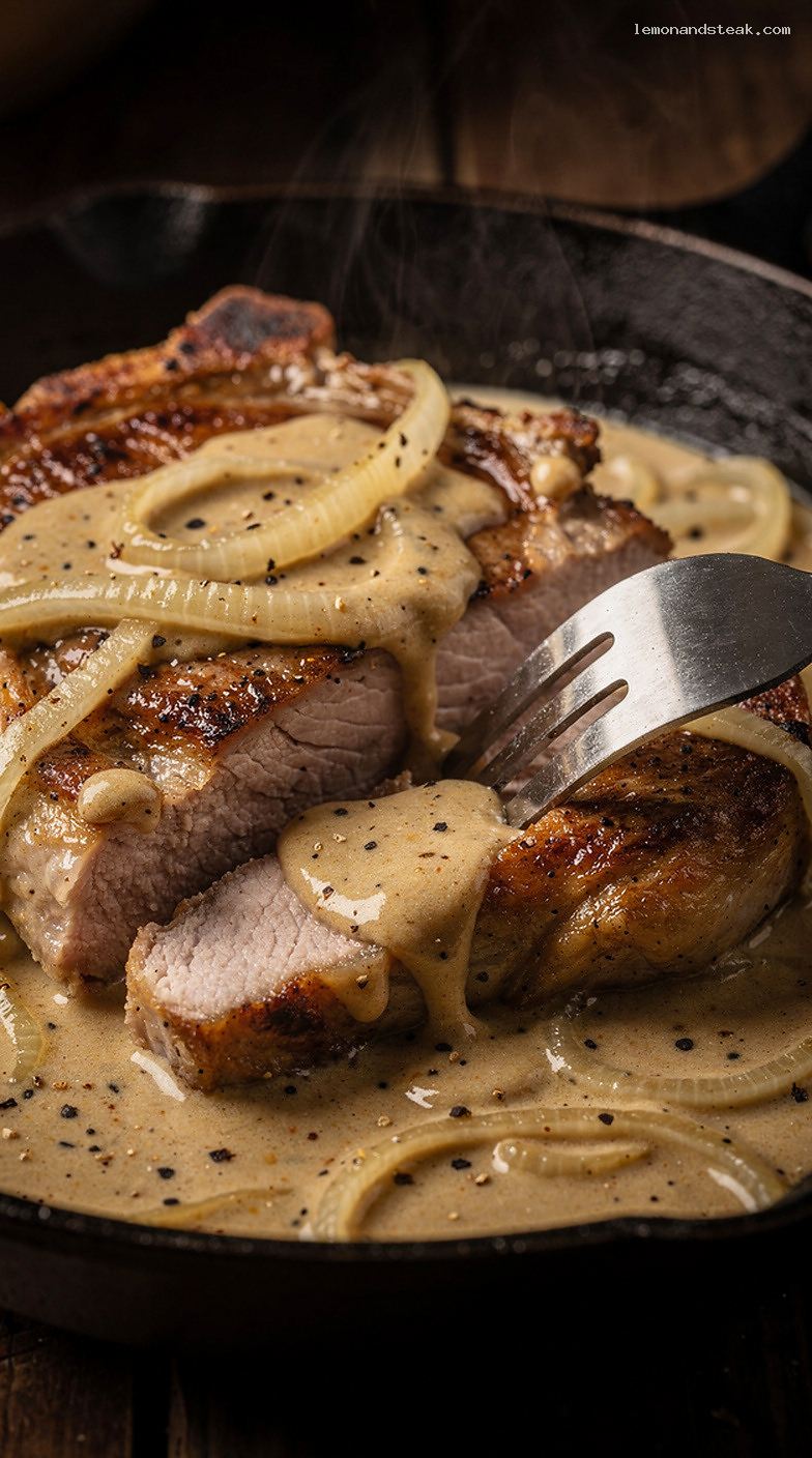 Pork Chops in Creamy Chicken Gravy with Onions and Pepper – Closeup