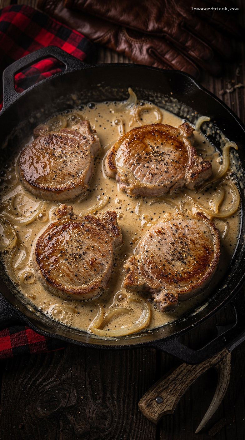 Pork Chops in Creamy Chicken Gravy with Onions and Pepper