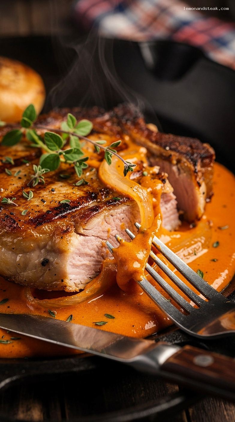 Pork Chops in Tomato Cream Gravy with Onions and Herbs – Closeup