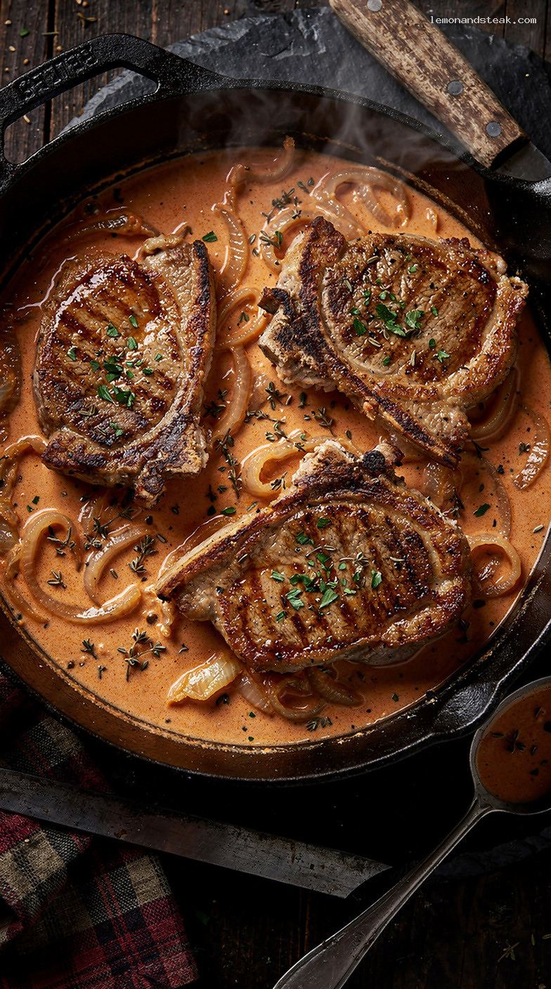 Pork Chops in Tomato Cream Gravy with Onions and Herbs