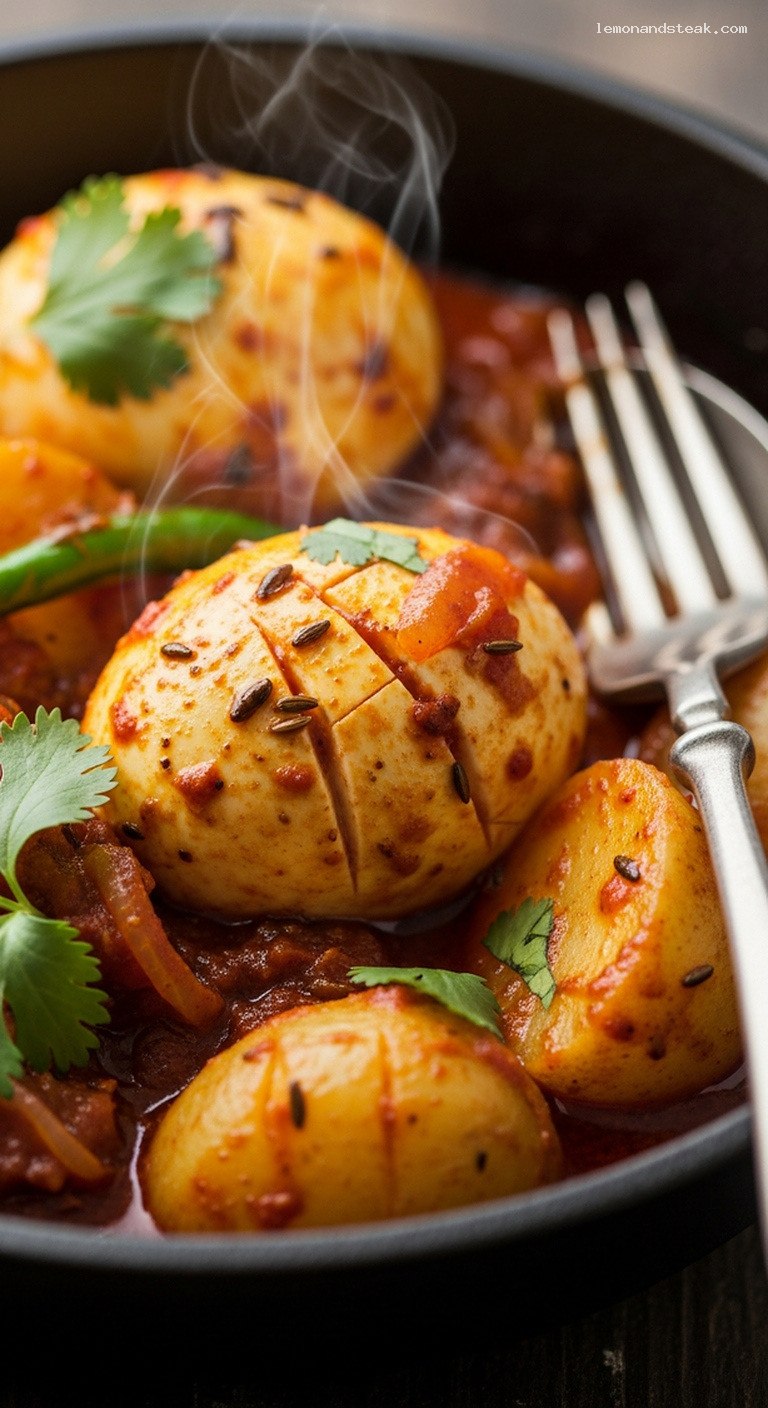 Potato and Egg Curry in Spiced Tomato Gravy – Closeup