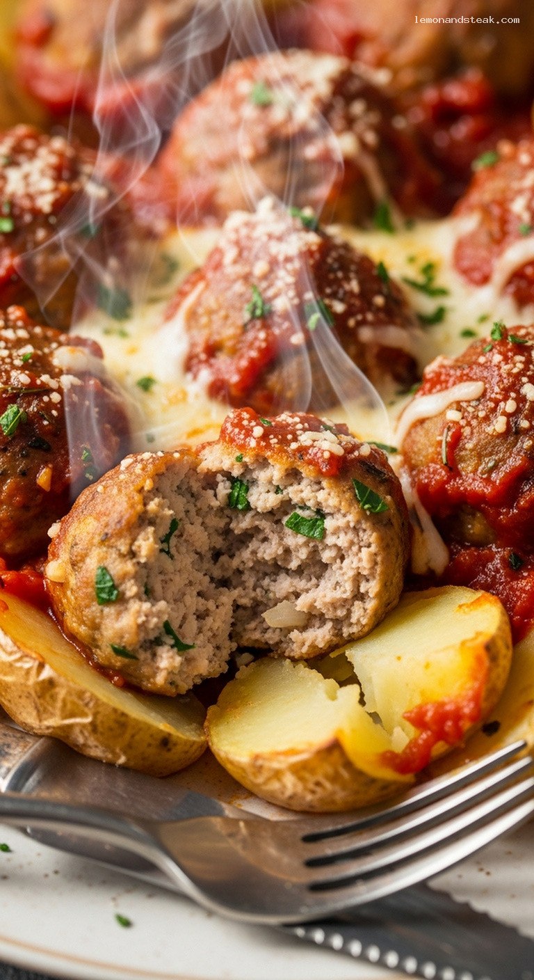 Potato and Turkey Meatball Bake with Tomato-Herb Sauce – Closeup