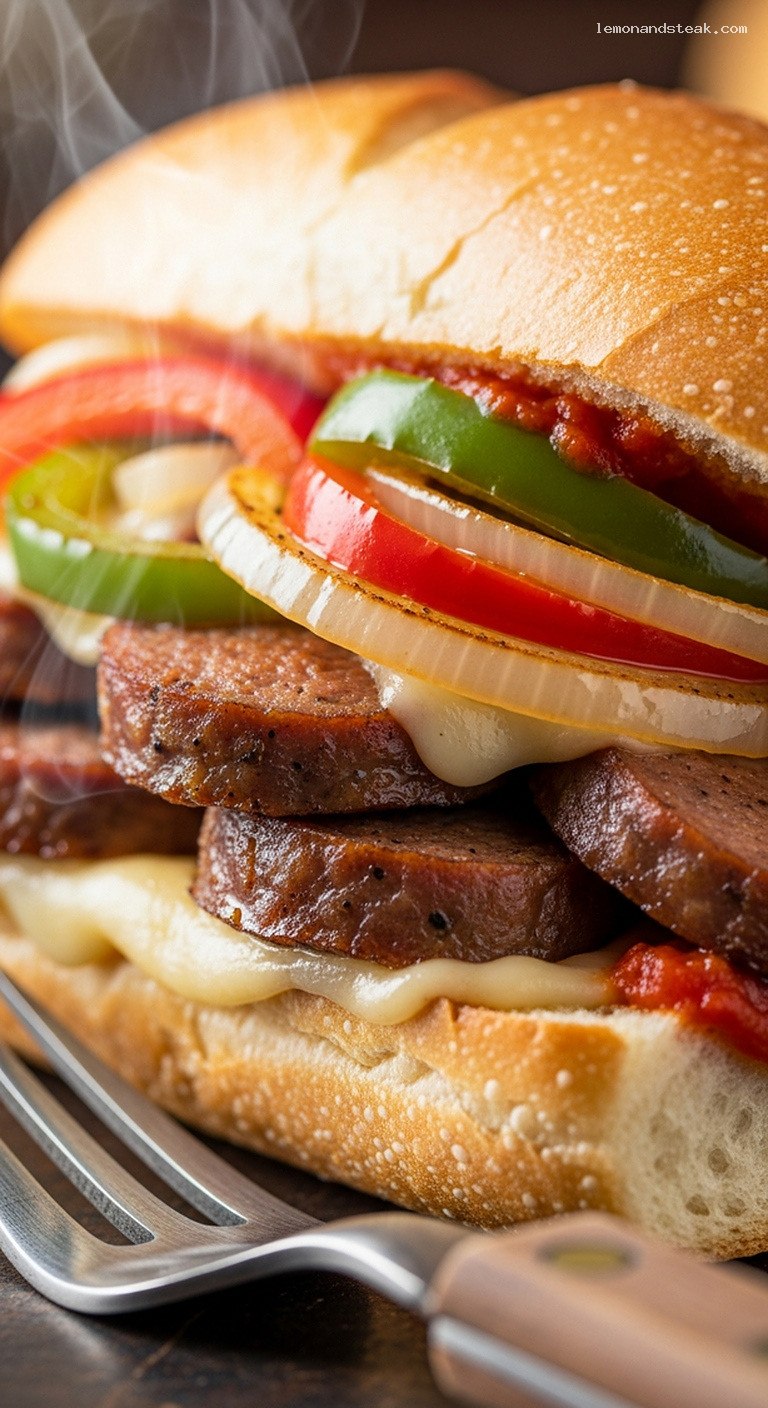 Quick Pan-Seared Sausage and Pepper Mini Subs – Closeup