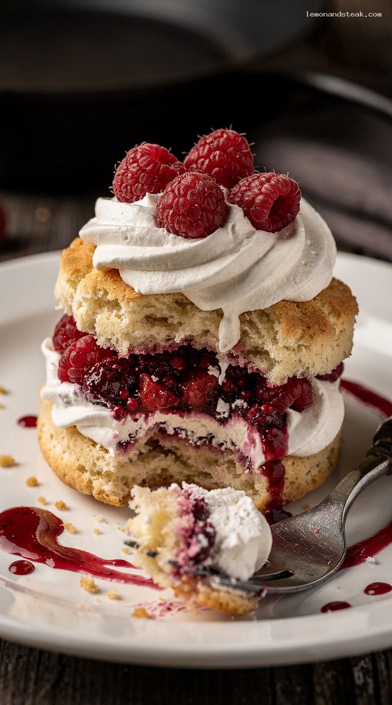 Raspberry Cream Shortcake With Vanilla Biscuits And Whipped Cream – Closeup