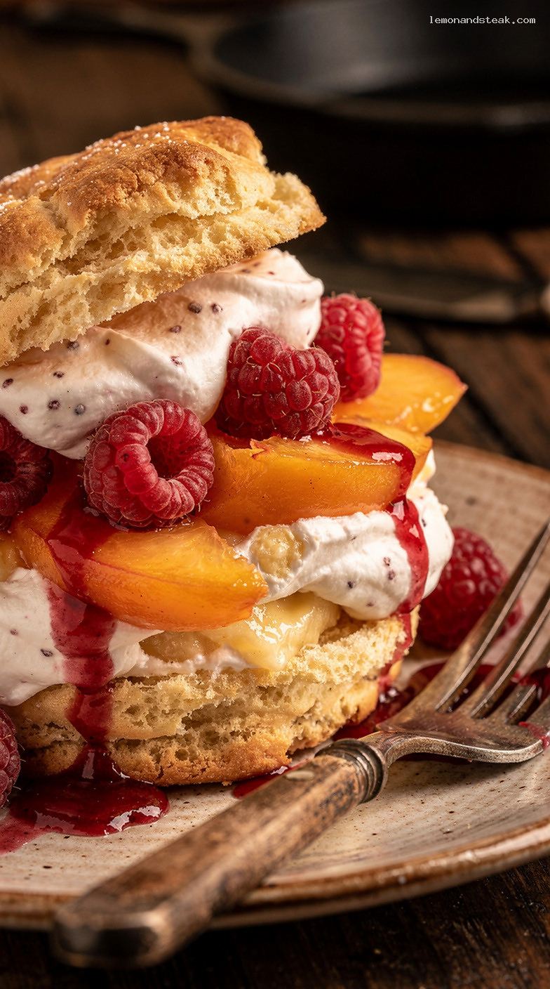 Raspberry Peach Shortcake With Vanilla Cream – Closeup