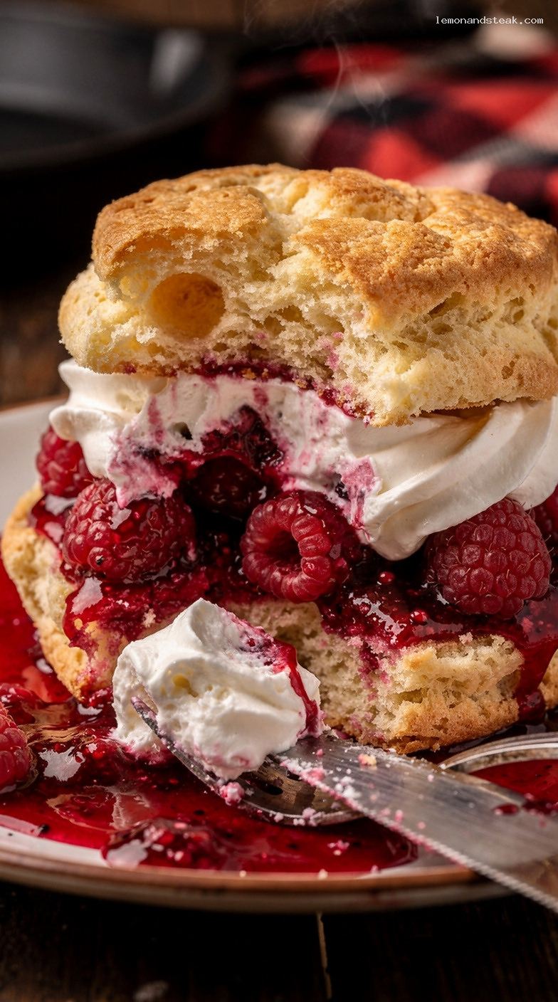 Raspberry Shortcake with Vanilla Biscuits and Whipped Cream – Closeup