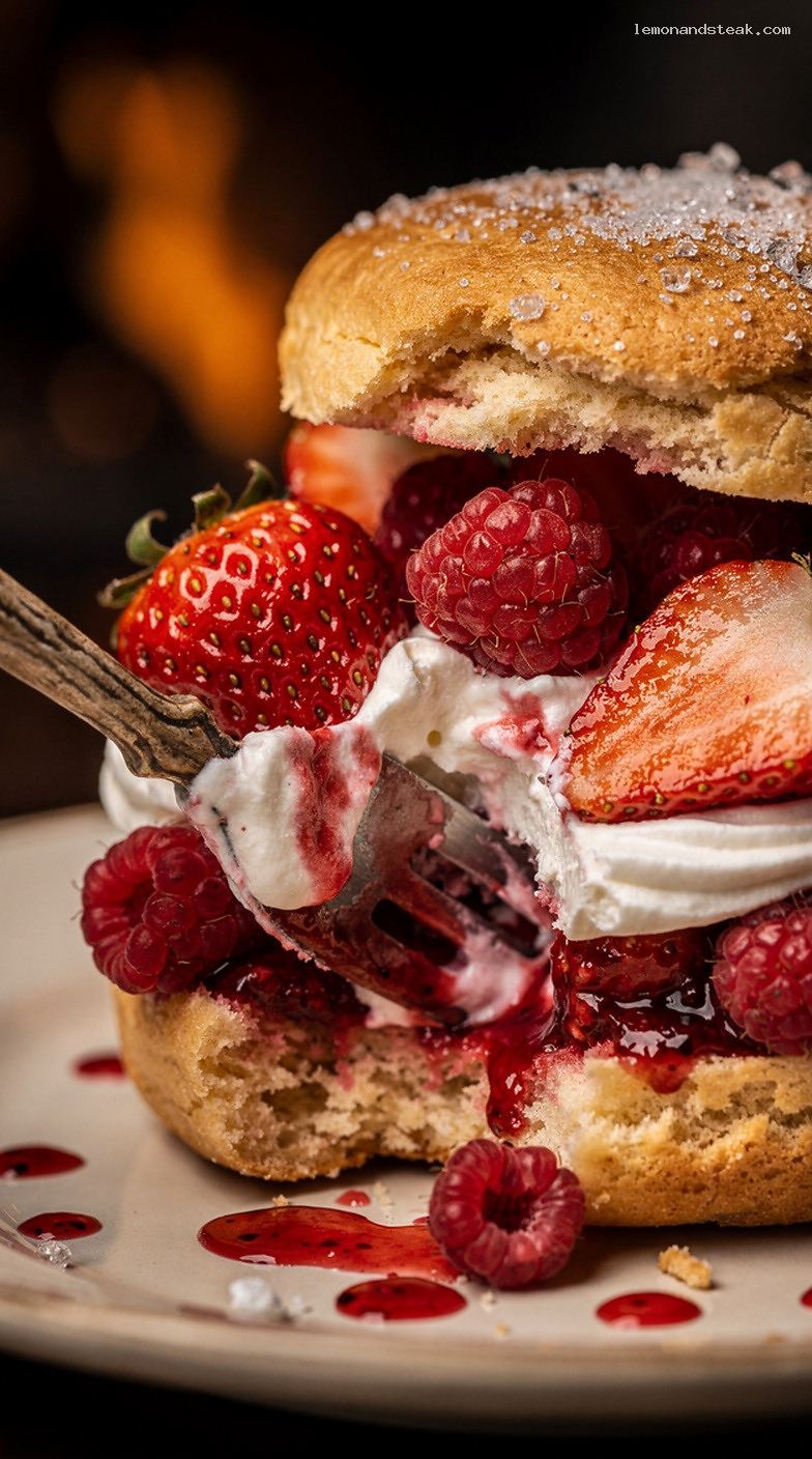 Raspberry Strawberry Shortcake With Tender Biscuits and Whipped Cream – Closeup