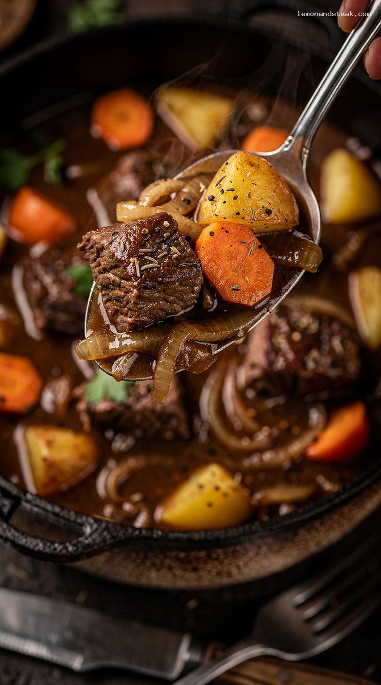 Red Wine Beef Stew with Chuck, Carrots, and Herbs – Closeup