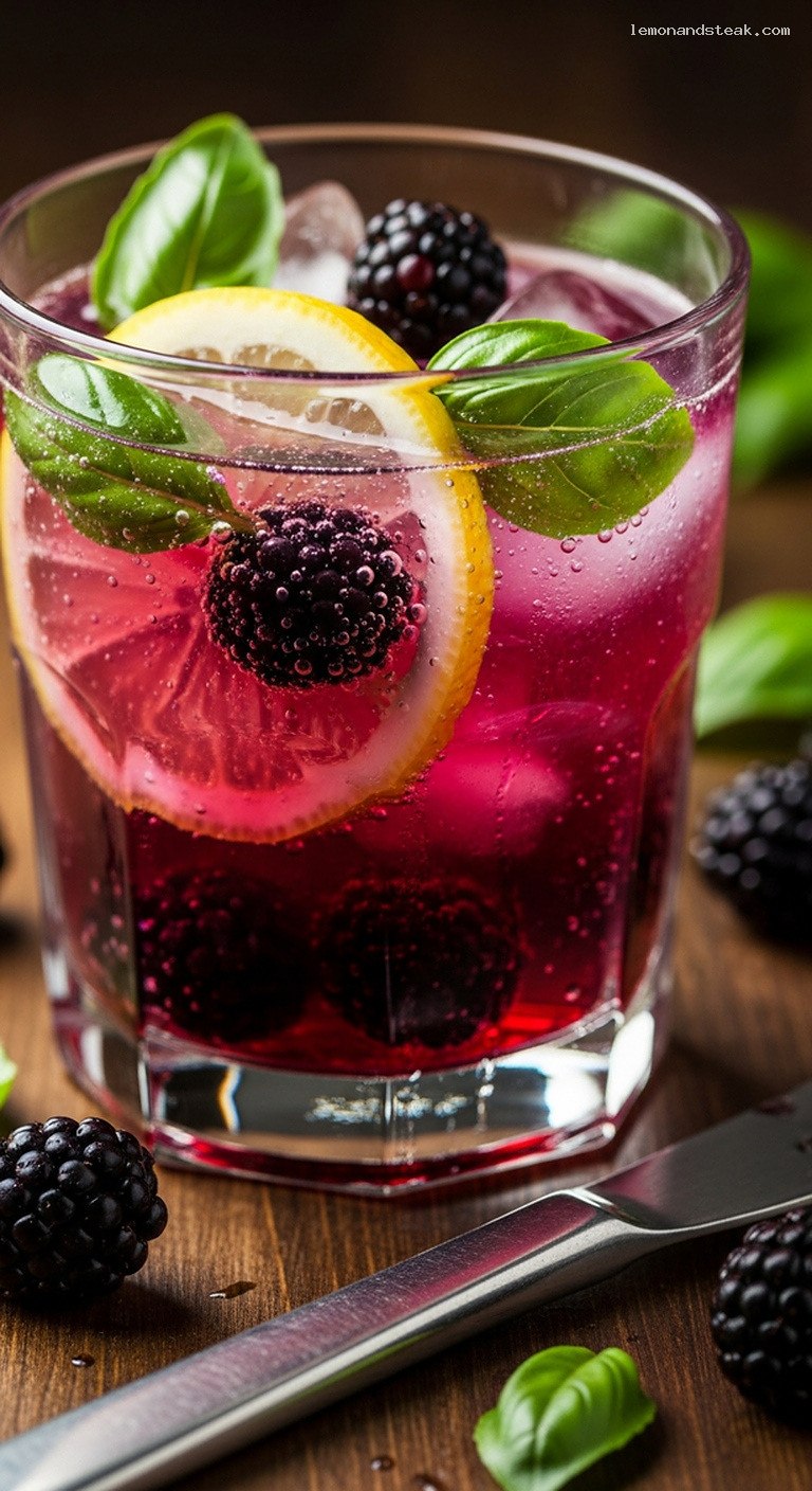 Refreshing Blackberry Basil Lemonade with Fresh Lemon – Closeup