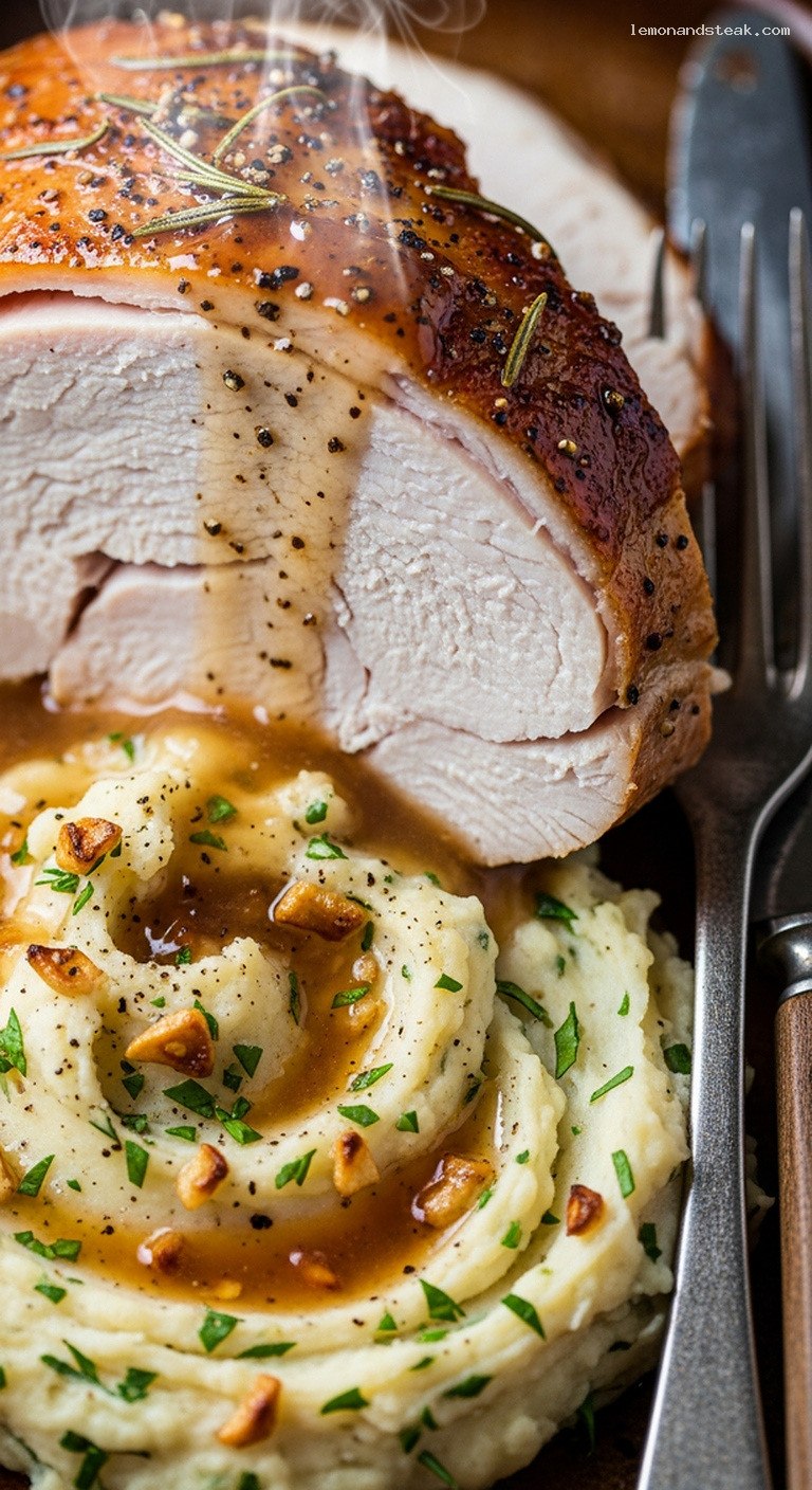 Roast Turkey with Rosemary-Garlic Dripping Mashed Potatoes – Closeup