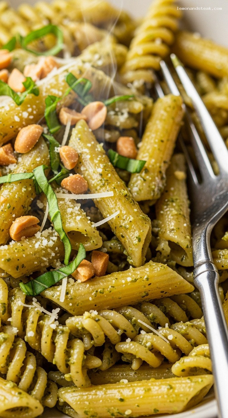 Roasted Peanut Pesto Pasta With Basil and Lemon – Closeup