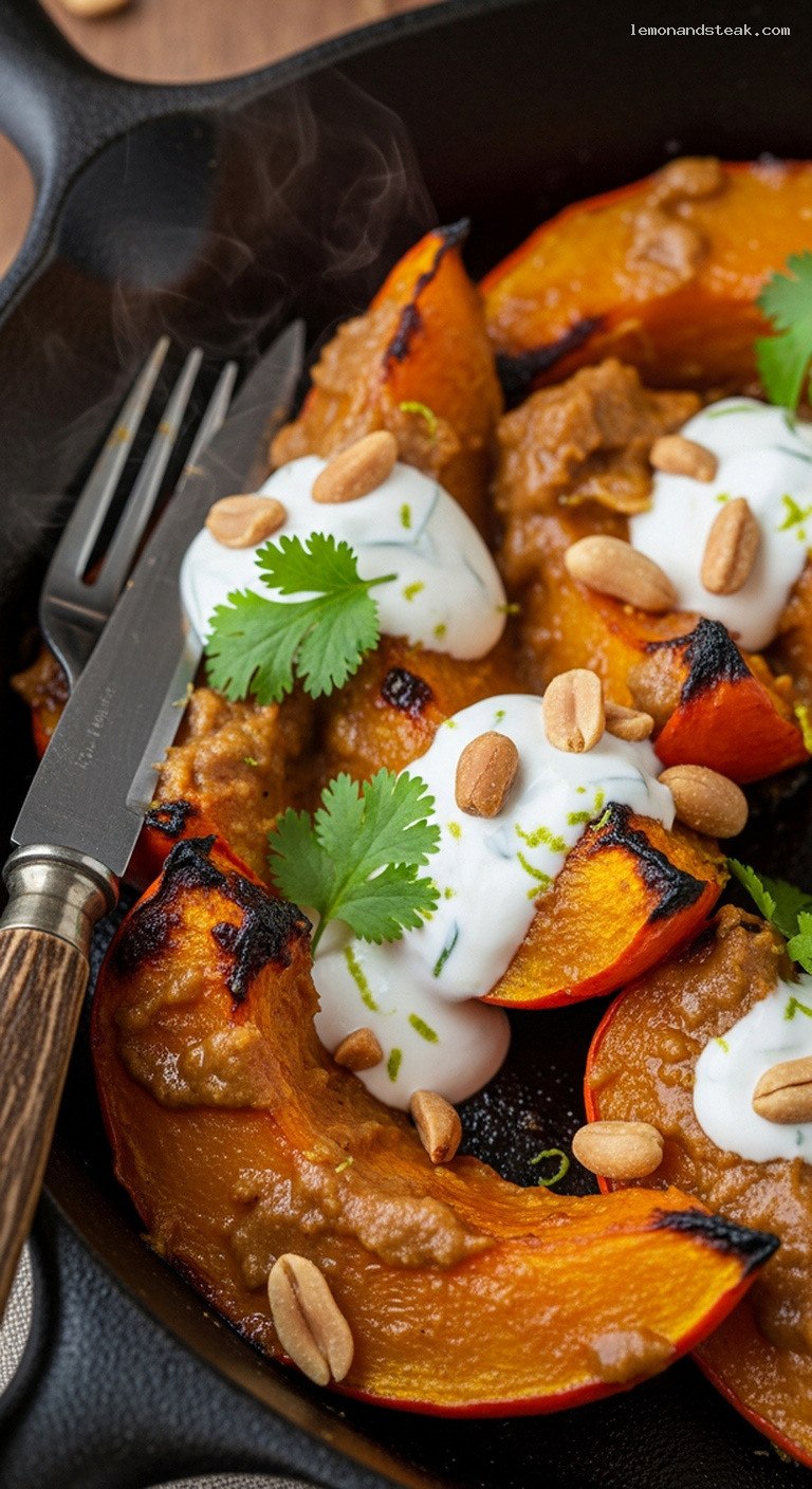 Roasted Pumpkin Wedges with Peanut Curry and Lime Yogurt – Closeup