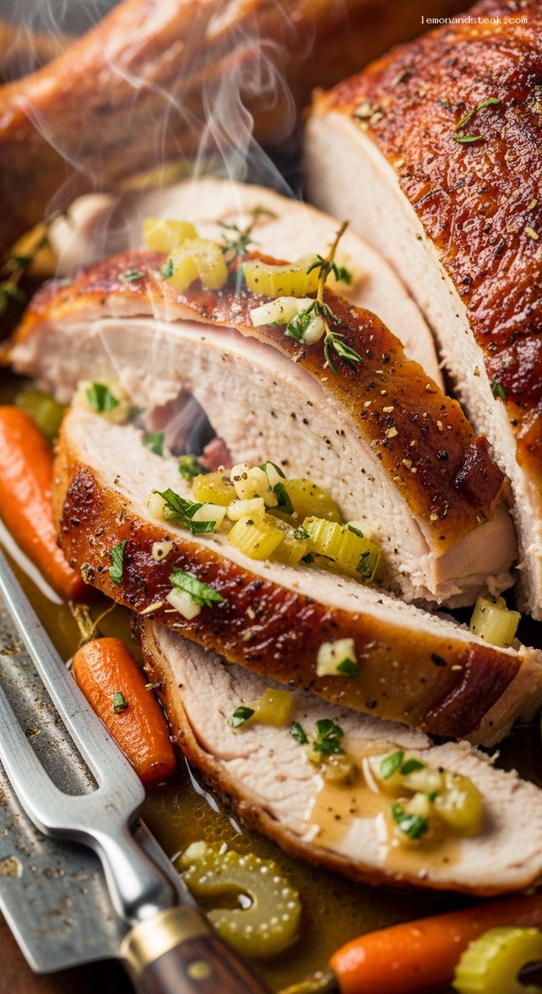 Roasted Turkey with Celery-Onion-Garlic Compound Butter – Closeup
