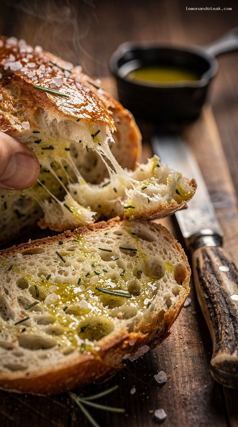 Rosemary Olive Oil Bread Loaf with Fresh Rosemary – Closeup