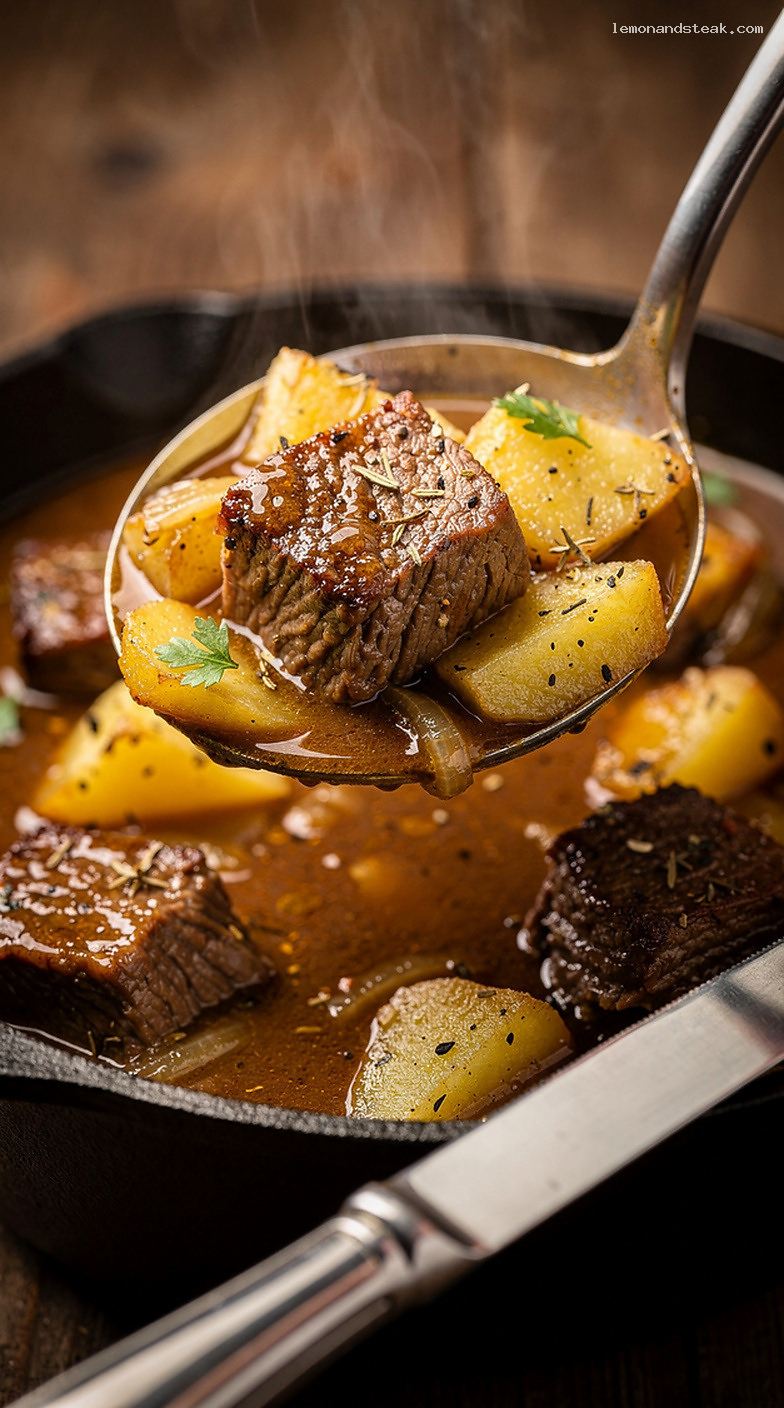 Rustic Beef and Potato Stew with Garlic and Herbs – Closeup