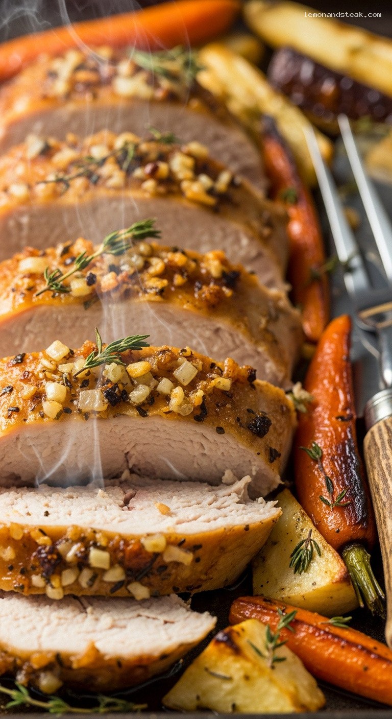 Rustic Garlic-Butter Roast Turkey With Carrots and Parsnips – Closeup