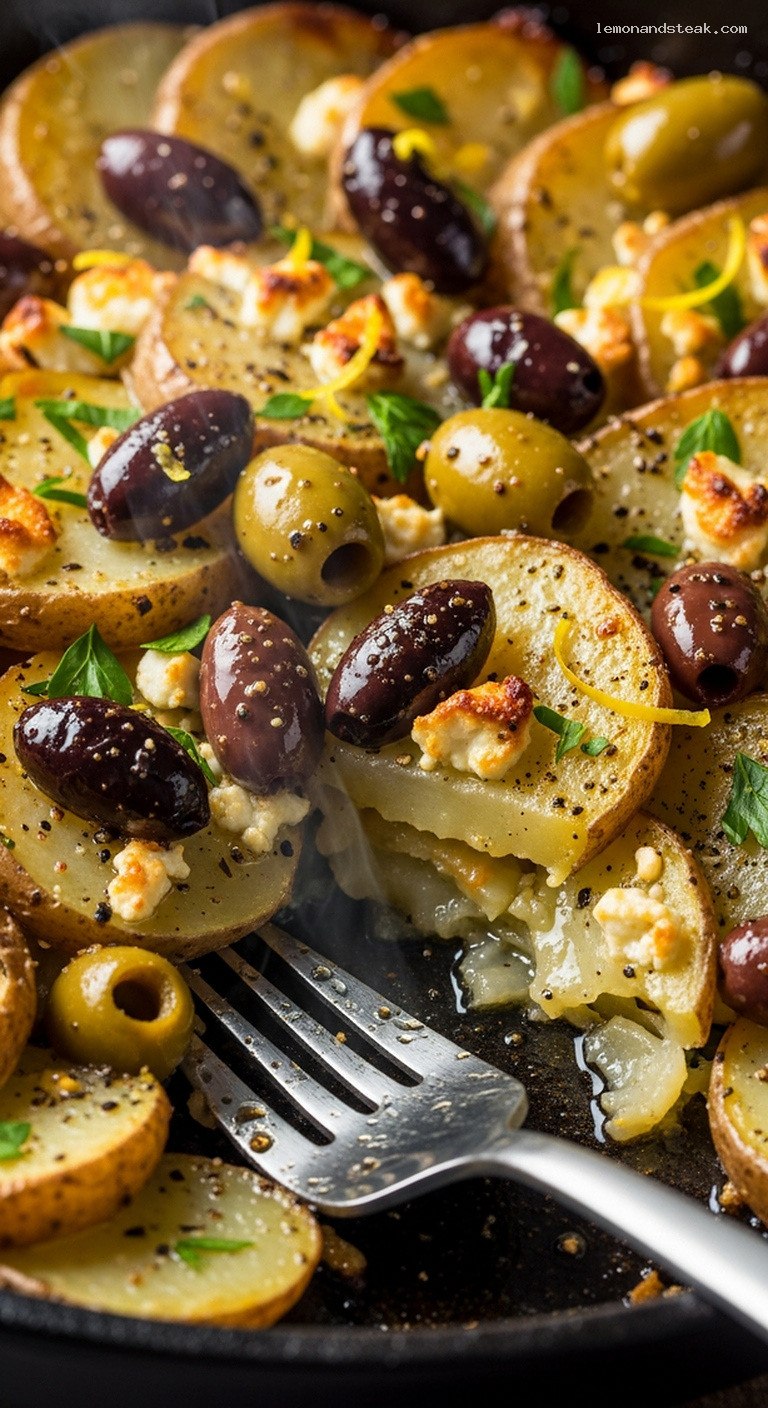 Rustic Mediterranean Potato and Olive Skillet Bake – Closeup