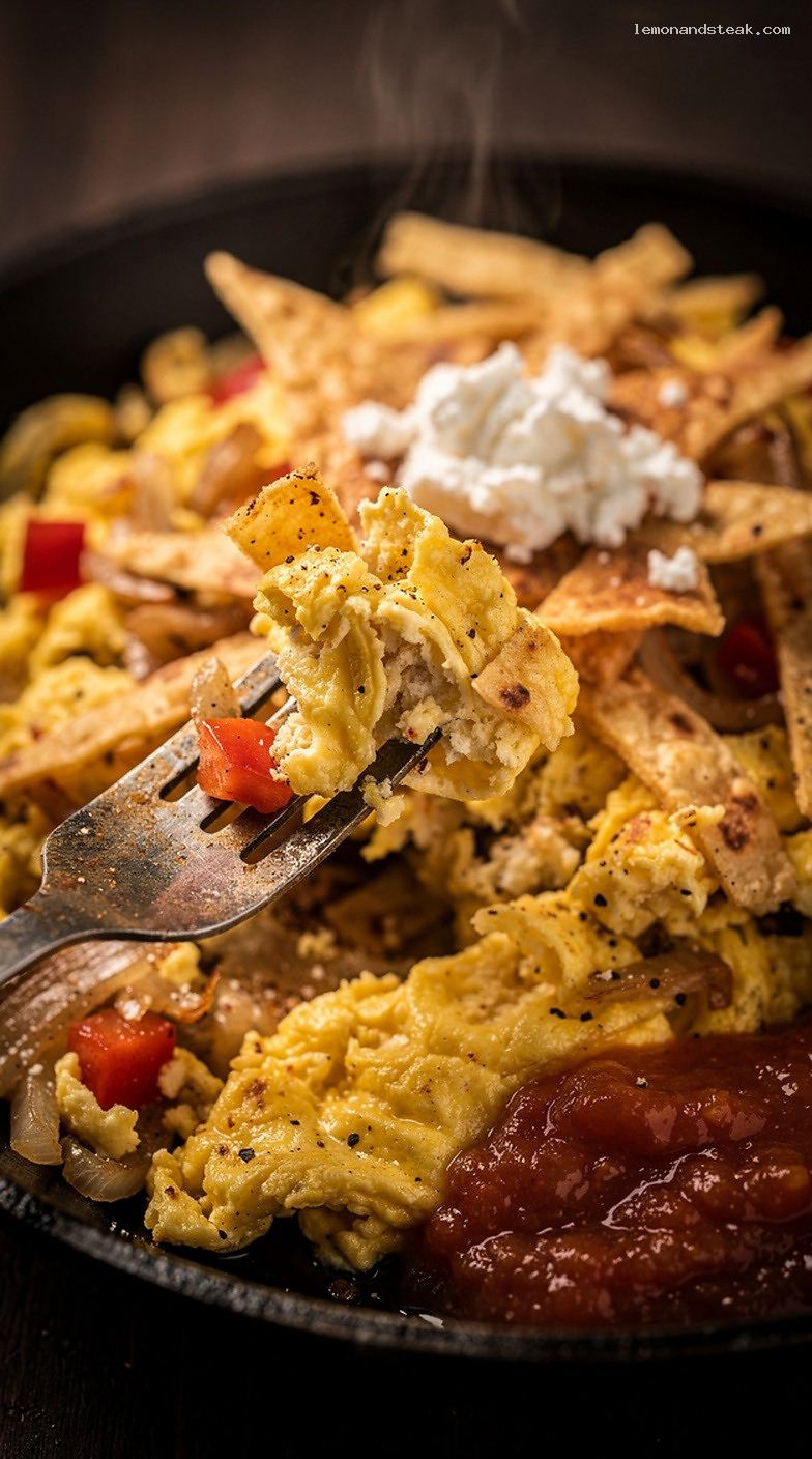 Rustic Migas With Scrambled Eggs and Crispy Tortilla Strips – Closeup